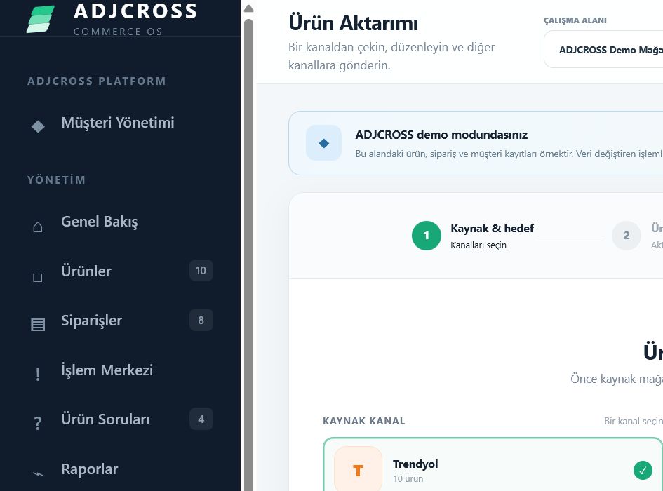 ADJCROSS toplu ürün aktarım ekranı
