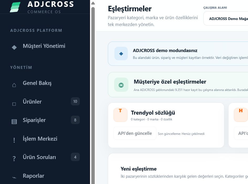 ADJCROSS hazır kategori eşleştirmeleri ekranı